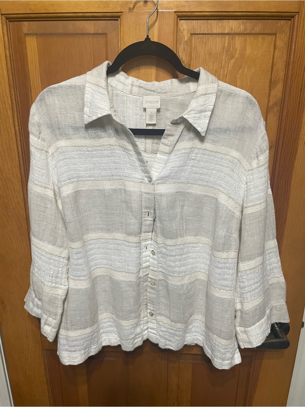 Chico's Light Beige and White Striped Linen-Blend Button Down Shirt 3/4 Sleeve 3
